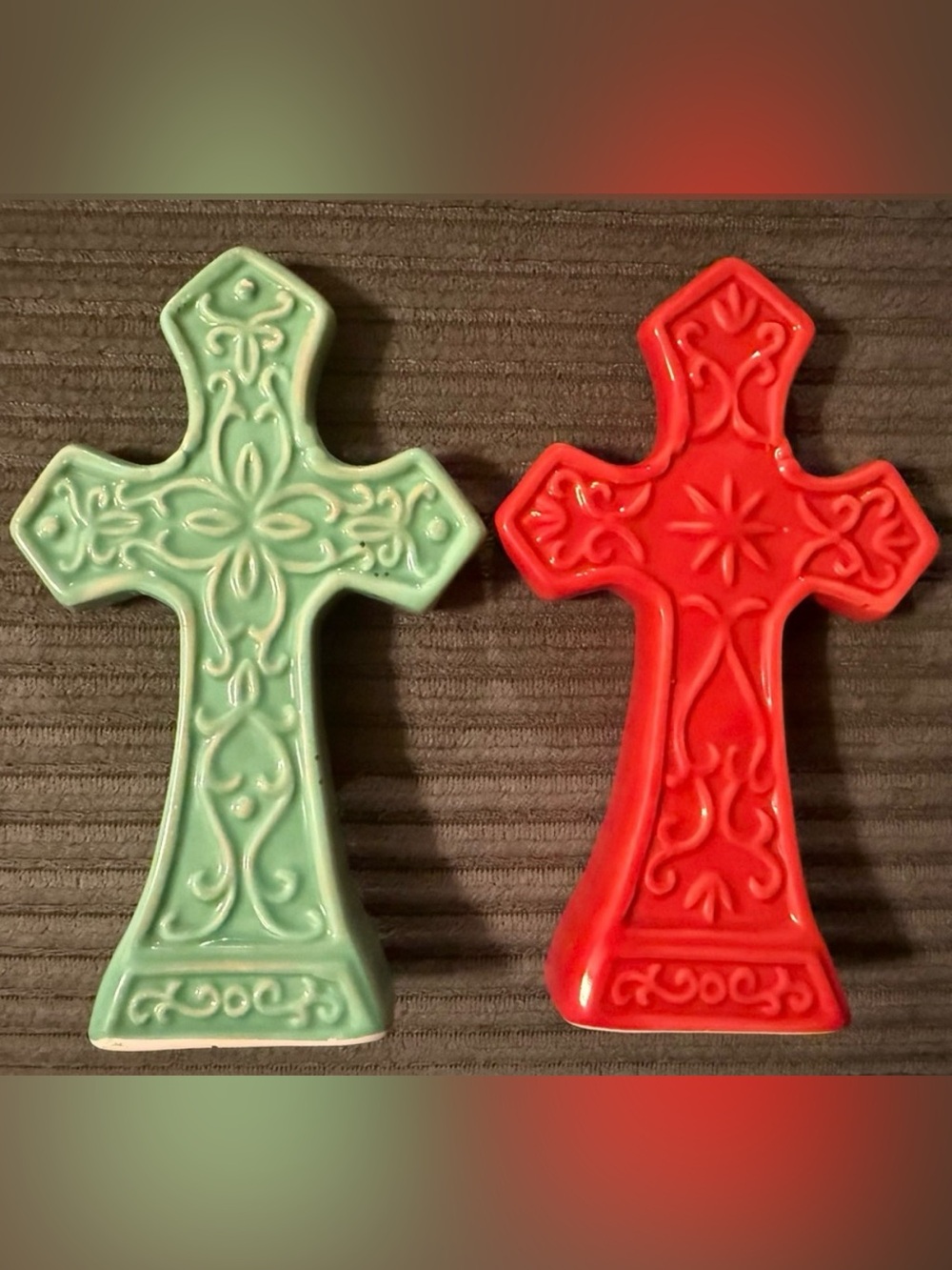 Lot of 2 Vintage Ceramic Cross Set - Red and Green Christmas Decor Ornate